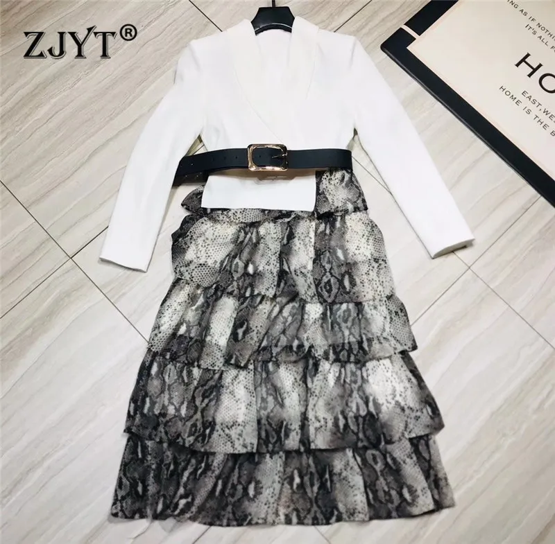 

2020 New Spring Designer Runway Dress Women Elegant Long Sleeve Blazer Patchwork Leopard Print Ruffled Cake Dress with Belt