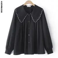 Women Clothing Blouses&Shirts Plus Size 2021 Autumn New Show Thin Loose Plain Satin Peter Pan Collar Female Tops F254