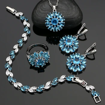 

Flower 925 Silver Jewelry Sets For Women Bridal Accessories Sky Blue Cubic Zirconia Earrings Pendant Necklace Ring Bracelet