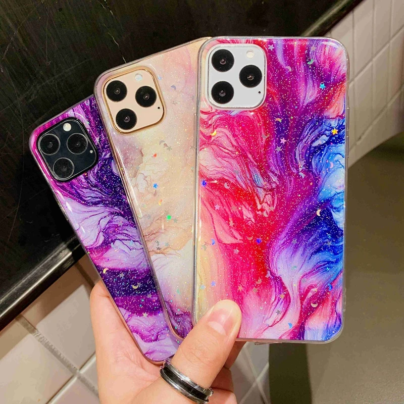 Чехол для iPhone 6 7 8 Plus X XS XR 11 Pro Max блестящая Луна Звезда мраморный камень Блестящие