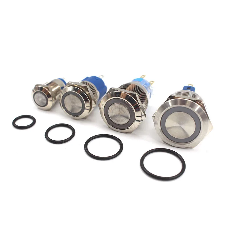 

12/16/19/22mm Waterproof Metal Push Button Switch 12V Power Button Flat Circular LED Light Self-lock Momentary 6V Cable Socket