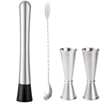 

4PCS Cocktail Muddler Mix Spoon Bar Kit Drink Stainless Steel Mojito Cocktail Jigger bar set