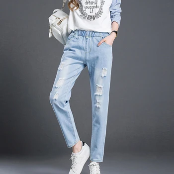 

Women Summer Pants Casual Trousers For Ladies Blue Ripped Mid Waist Drawstring Skinny Denim Calf Length Jeans