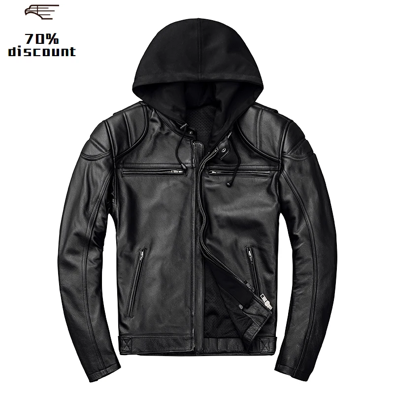 

2020 Black Men Hood American Motorcycle Leather Jacket Plus Size XXXXL Genuine Cowhide Autumn Biker's Leather Coat FREE SHIPPING
