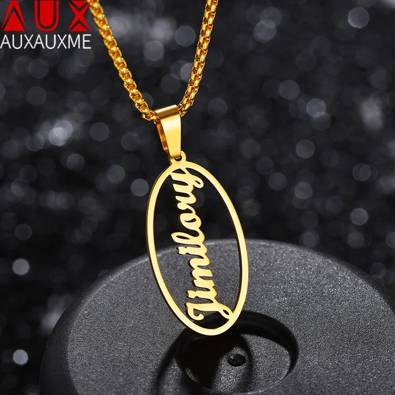

Auxauxme Stainless Steel Personalized Oval Name Pendant Necklace For Women Female Man Male High Quality Jewelry Gifts