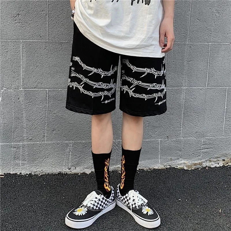 high waisted shorts shorts streetwear loose elastic waist iron pattern chain jogger shorts 2021 summer loose elastic waist hip hop skate shorts y2k biker shorts