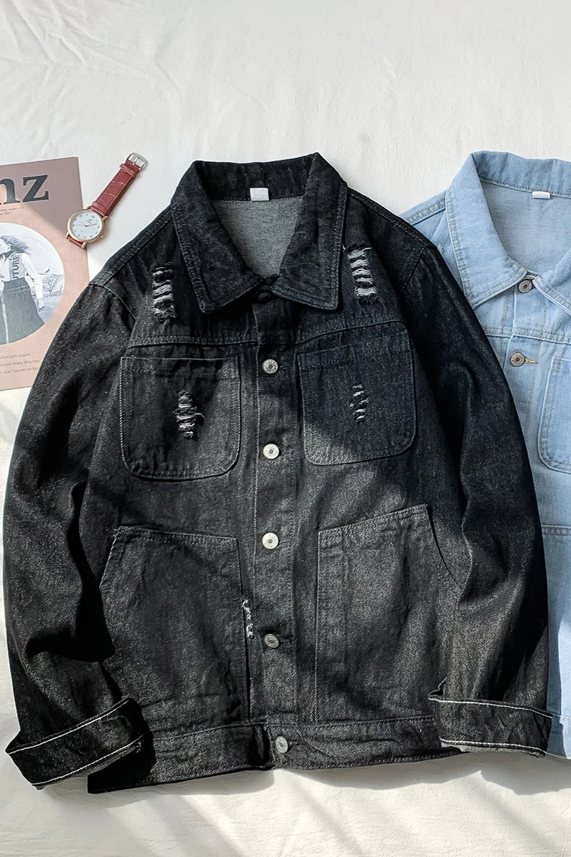 new good size fashion denim jacket lapelSpring fashion loose coupleEmbroidered casual jacket