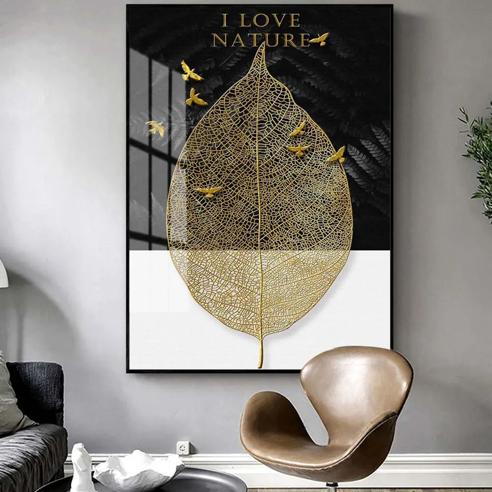 Nordic fashion art plant canvas painting golden leaf feather poster office wall painting living room home decoration mural