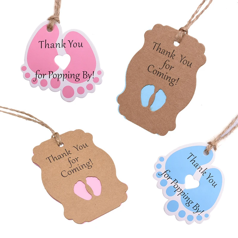 50pcs/set Baby Shower Decor Gift Tag Labels Baby Feet Kraft Paper Tags Gift Paper Cards with String Birthday Party Decoration