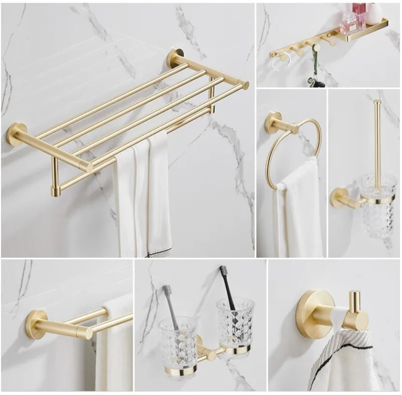 Bathroom Accessories Set Brushed Gold Bathroom Shelf,Towel Rack,Towel Hanger Paper holder,Toilet Brush Holder Bath Hardware Set