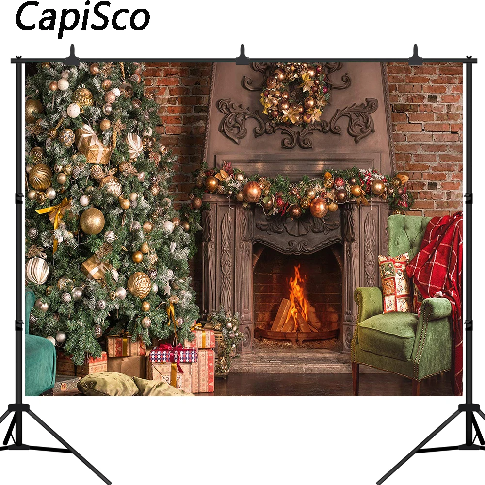 

Capisco Christmas Tree Gifts Fireplace Baby Children Portrait Photography Backgrounds vinyl Photographic Backdrop Photo Studio