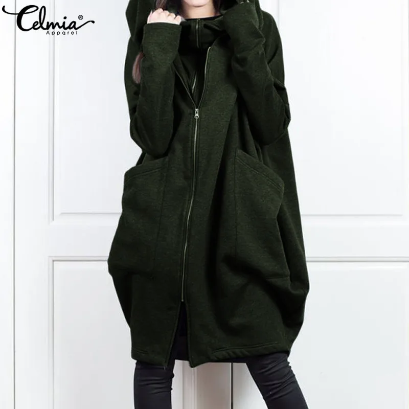 

S-5XL Celmia 2019 Autumn Winter Women Warm Sweatshirts Casual Long Sleeve Solid Hooded Hoodies Plus Size Loose Pockets Coats Top