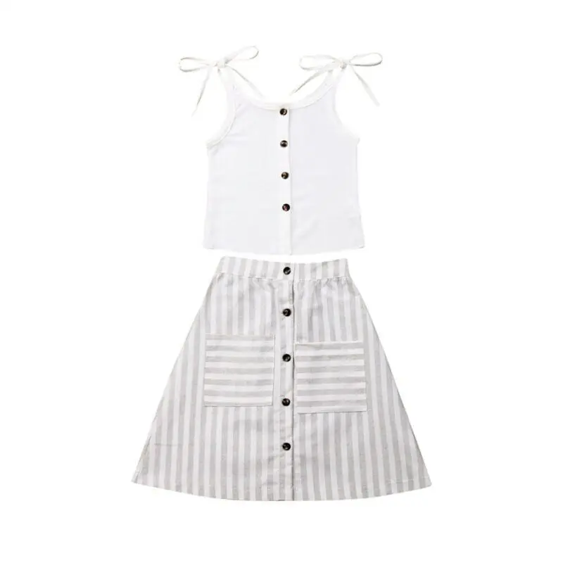 

2-7Years Summer Toddler Girl Solid Sleeveless Tops+Stripe Skirt Dress Sunsuit Outfits
