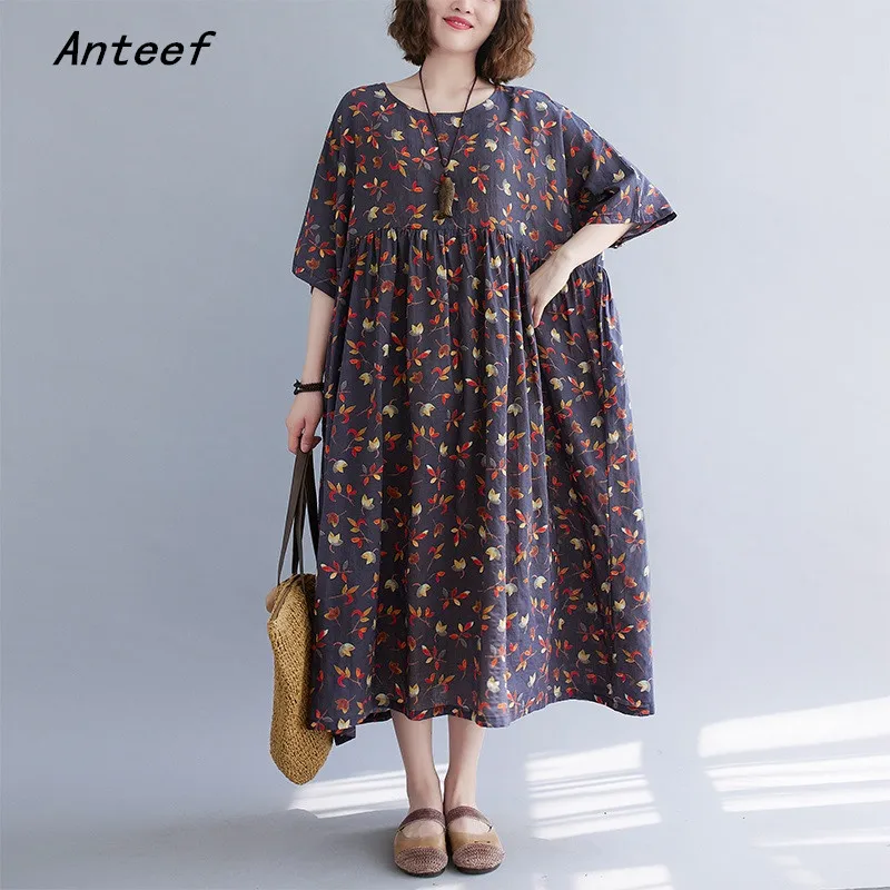 

short sleeve oversized cotton vintage floral dresses for women casual loose long woman summer dress elegant clothes 2023