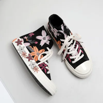 Женская обувь, шикарная Корейская версия, лето, новая обувь для скейтбординга в стиле ретро, бежевые высокие кроссовки с цветочным принтом - Цвет: Черный