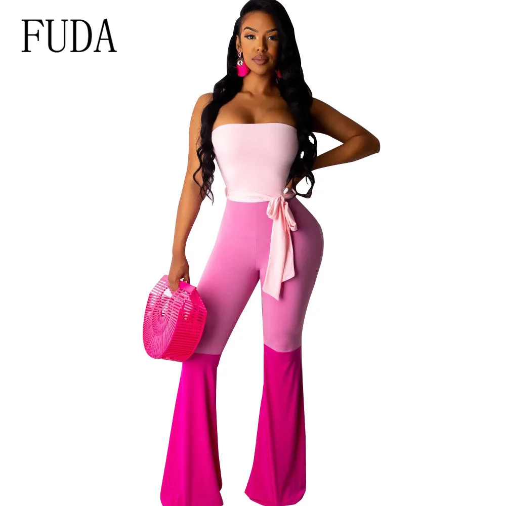 

FUDA Skinny Strapless Tube Romper Sleeveless Three-color Stitching Jumpsuits with Belt Sexy Off Shoulder Women Bodycon Playsuits