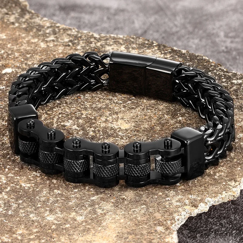 Motorcycle Men Bracelets 12MM Stainless Steel Gold Jewelry Wide Hand Chain Link Accessories Wristband Male Bangles Friends Gifts