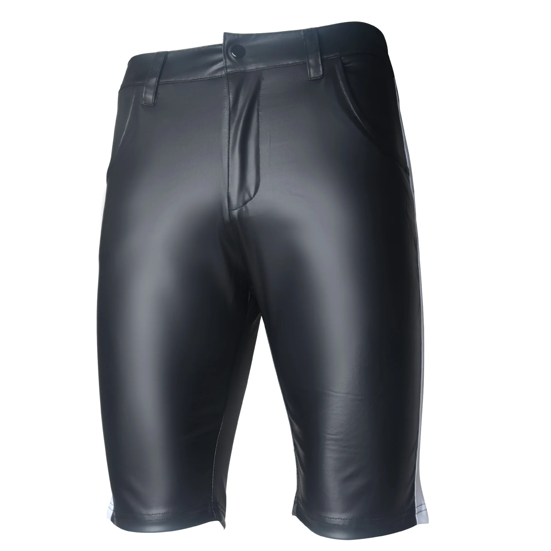 Большие размеры S-2XL сексуальные полосатые шорты искусственная кожа экзотические брюки Фетиш Нижнее белье для ночных клубов Мужские Брюки с карманами