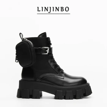 

Luxury Brand Short Boots Women Pocket Bag Design Platform Chunky Ankle Boots Women Round Toe Lace-up Motorcycle Boots Women 2020