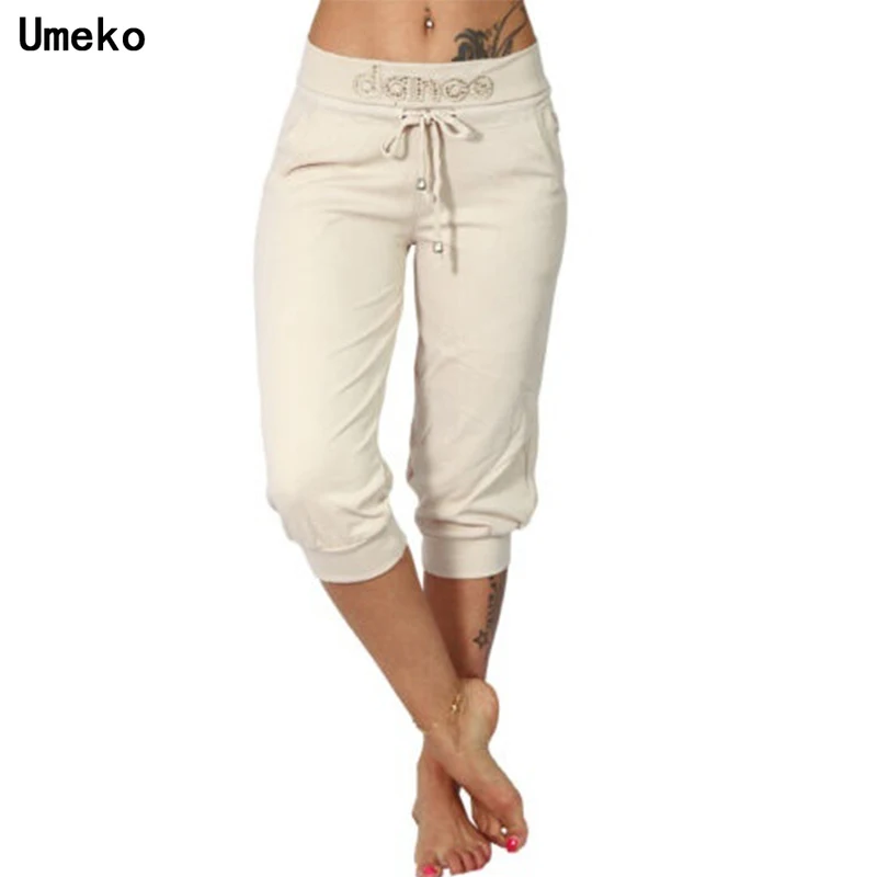 Precio reducido Umeko-Capri de cintura elástica para mujer, pantalones deportivos informales con cordón, para correr, danza, Cachemira, para verano, 3/4 oRKD6rA9w