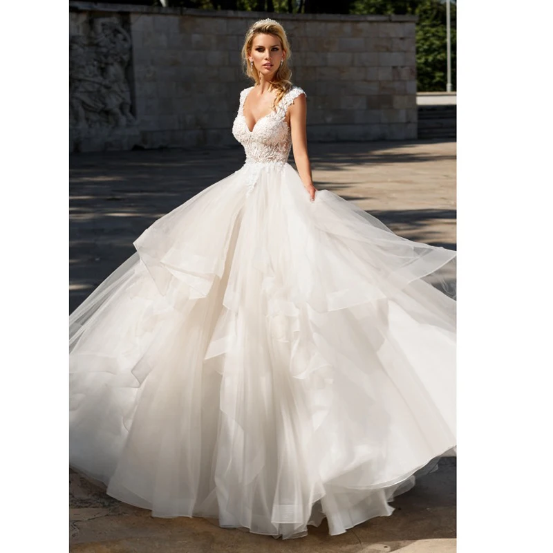 Elegant-A-Line-Ruffles-Tiered-Boho-Beach-Wedding-Dresses-Deep-V-neck-Lace-Appliques-Gowns-Custom
