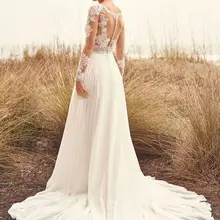 

RANMO Long Sleeve Boda Civil Wedding Dresses 2021 Elegant Chiffon Appliques Bridal Dress O-Neck Sweep Wedding Gown