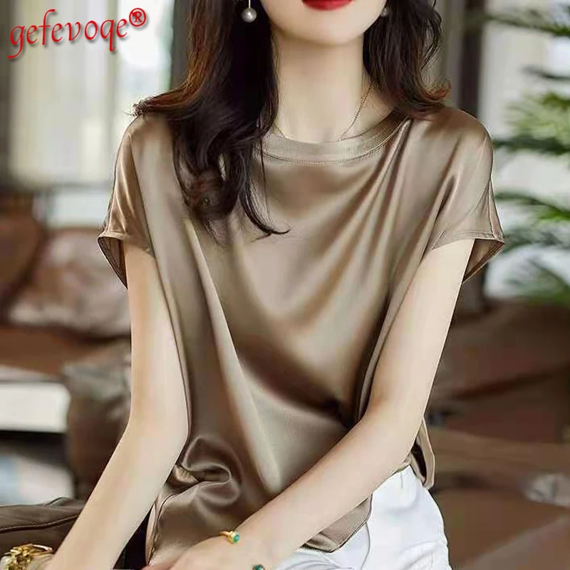 

Satin Thin Blouses 2021 Women Summer Fashion Clothing Elegant Solid Office Lady Tops Short Sleeve O Neck Basic Tees T-shirt