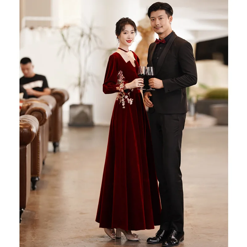 

Bride Velvet Wedding Party Gown Women Elegant Embroidery Evening Dress Birthday Outfits Long Sleeve A-line Bridesmaid Dresses