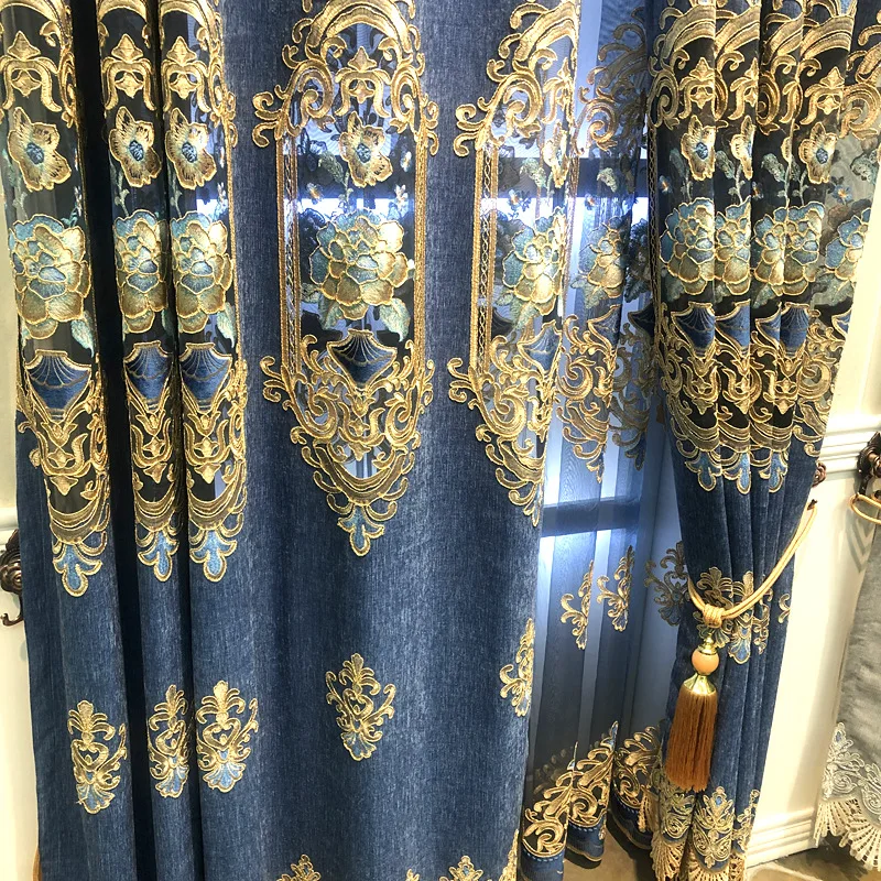 Blue water soluble yarn embroidered decorative curtains for Living Room Luxury Embroidered Voile Drapes Window Curtain Bedroom