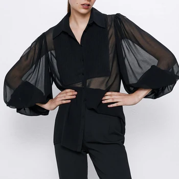 

Foridol black chiffon blouse button tunic sheer women blouses and tops vintage lantern sleeve loose blouse shirts blusa mujer
