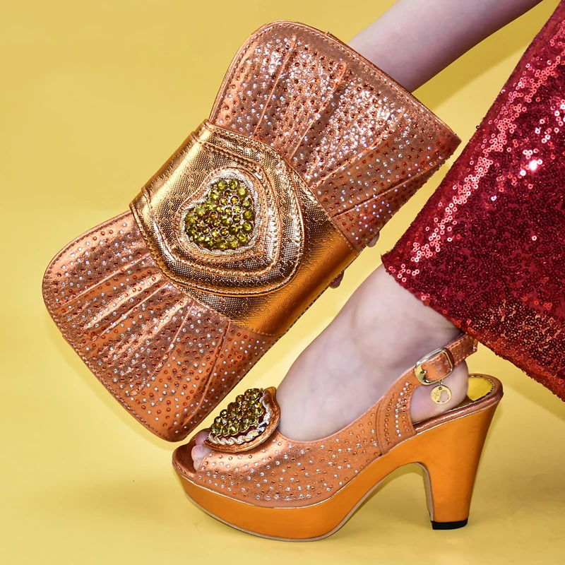 ; коллекция года; свадебные туфли в нигерийском стиле; женские вечерние туфли-лодочки; вечерние туфли на высоком каблуке и сумочка в итальянском стиле - Цвет: Оранжевый