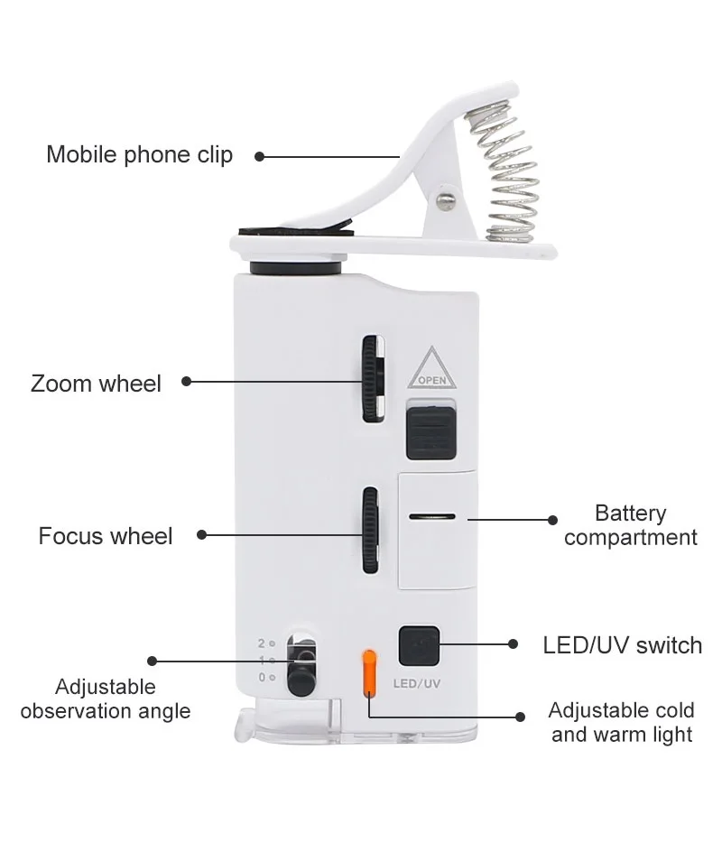 Description Picture 4 of item60X-100X Mini Microscope Portable Universal Clip Microscope Smartphone Microscope Magnifying Glass with LED UV Light Magnifiers