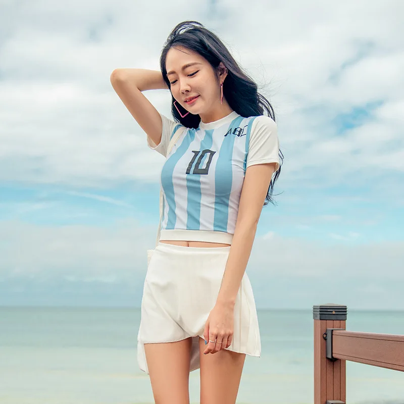 

Bathing Suit Women's Split Type Sports Lettered Skirt Belly Covering Conservative Small Bust Gathering Students South Korea Hot