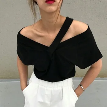 

OUSHANG summer black V-neck sling short-sleeved T-shirt women's new Korean splice sexy fashion Asymmetrical T-shirt wild white