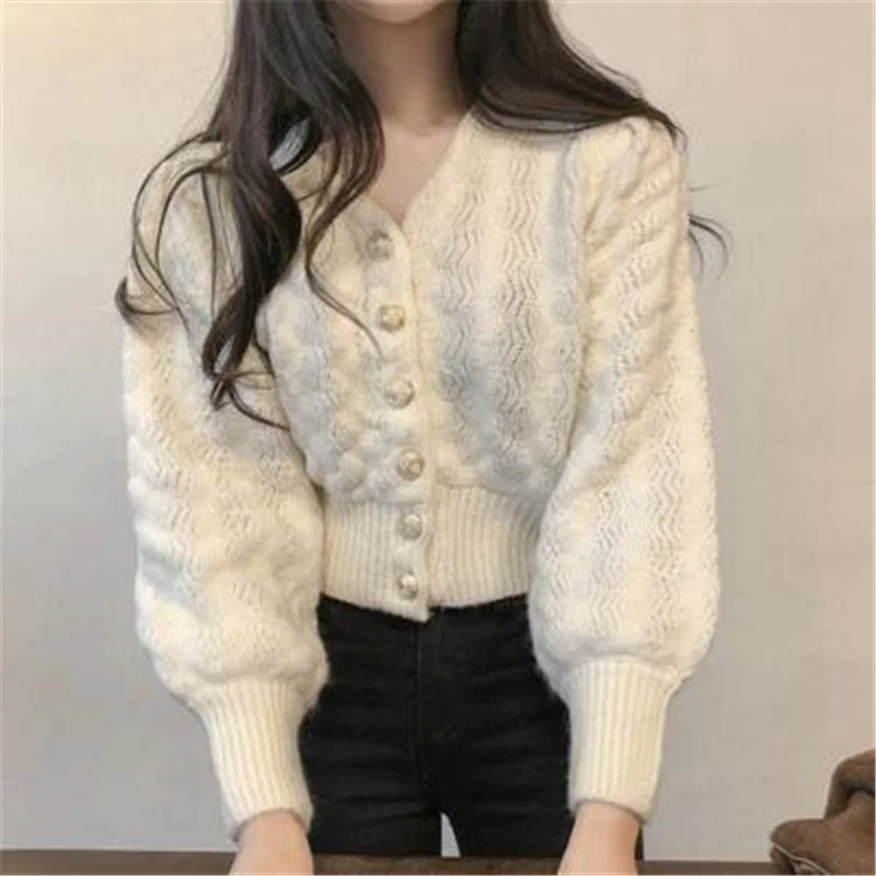 

RUGOD Ins Korean Style Criss-cross Knitted Cardigans for Ladies V-neck Puff Sleeve Female Outwear Vintage Chic Women's Outfit