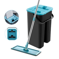 Hands Free Floor Mops with Bucket Flat Squeeze Mop 360 Rotating Home Kitchen Household Cleaning Mops Wet or Dry Usage