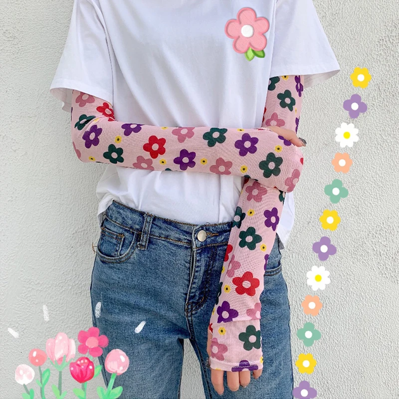 Korea summer sunshade in Harajuku ulzzang bf street clothing New rainbow personality color striped flower mesh yarn women gloves