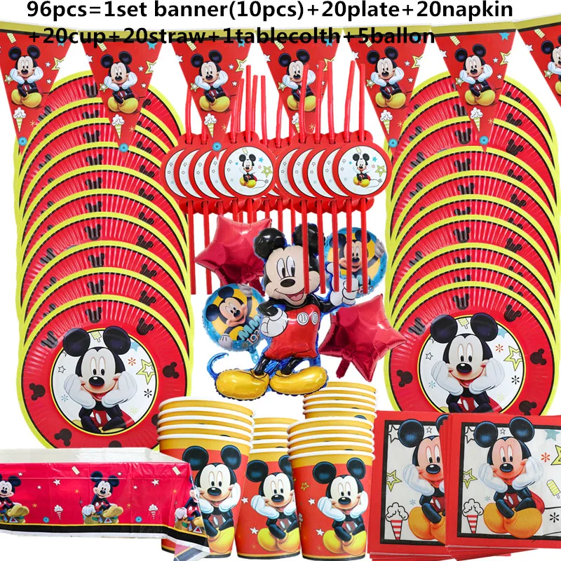 1Set Red Mickey Mouse Theme Disposable Paper Cups Plates Flexible Straws Baby Shower Kid Birthday Napkin Decoration Supplies 