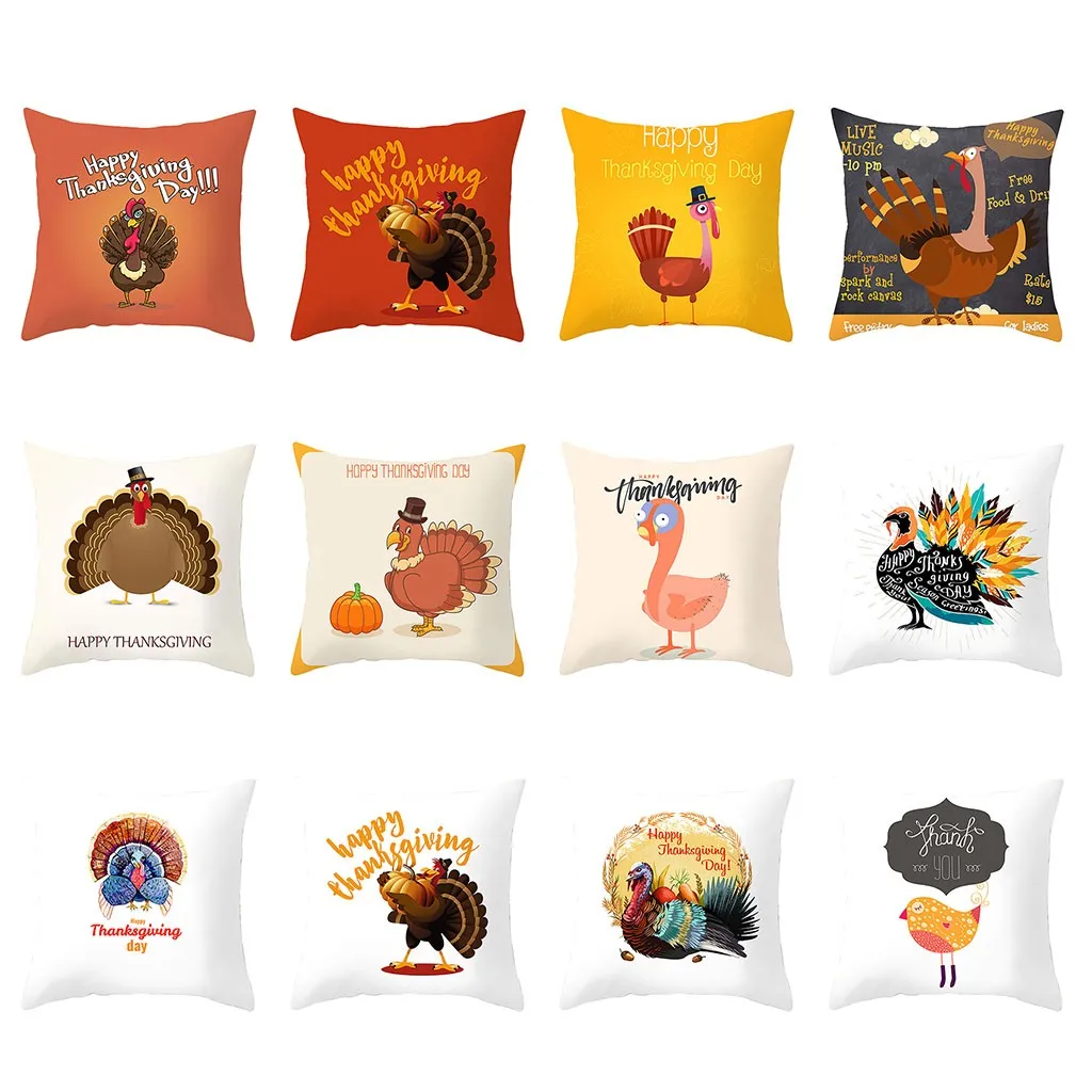 

Thanksgiving Cushion Cover Turkey Printing Throw Pillowcase Polyester Peach Skin Car Home Decorative Pillow Cover 45*45cm #15
