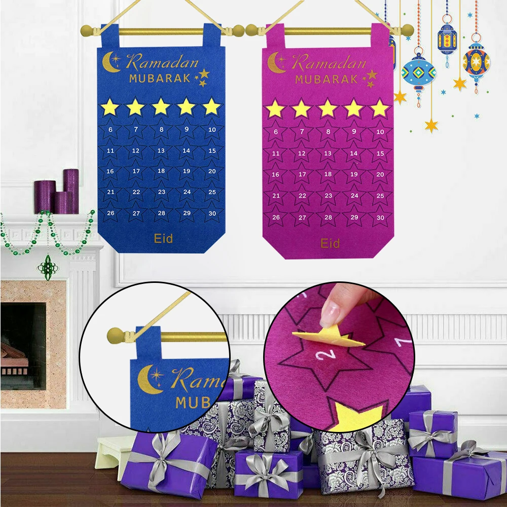 Newest Eid Mubarak 30days Advent Calendar Hanging Felt Countdown Calendar for Kids Gifts Ramadan Party Decorations Supplies