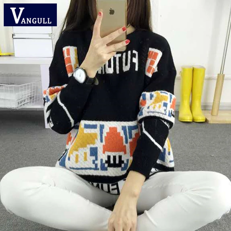 Vangull Letter Print Sweater Preppy Style Knitted Pullovers 2019 Autumn Fashion Long Sleeve O-Neck Women Sweaters and Pullovers