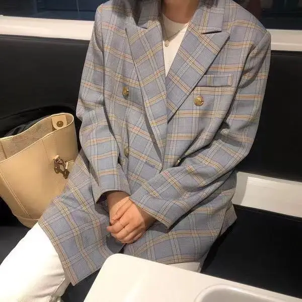 RUGOD корейский офисный Женский блейзер, куртка, модный клетчатый костюм с длинными рукавами, пальто, женская Повседневная двубортная женская одежда auturm