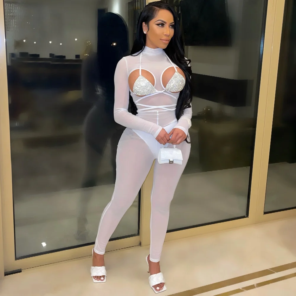 Mesh Sheer Two Piece Set Sexy Crop Top Hollow Out Long Sleeve Bodycon  Jumpsuit Sets for Women Summer Night Club Matching Sets