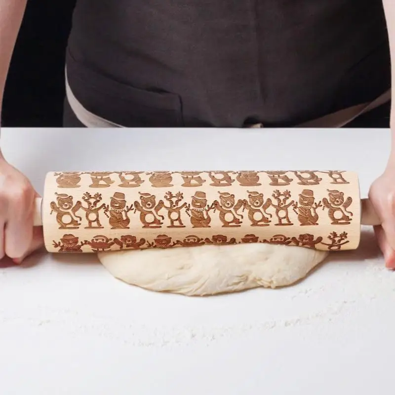 

Christmas Embossing Rolling Pin Snowman Pattern Baking Cookies Cake Dough Roller Wind-dried Beech Wood Not Easily Deformed