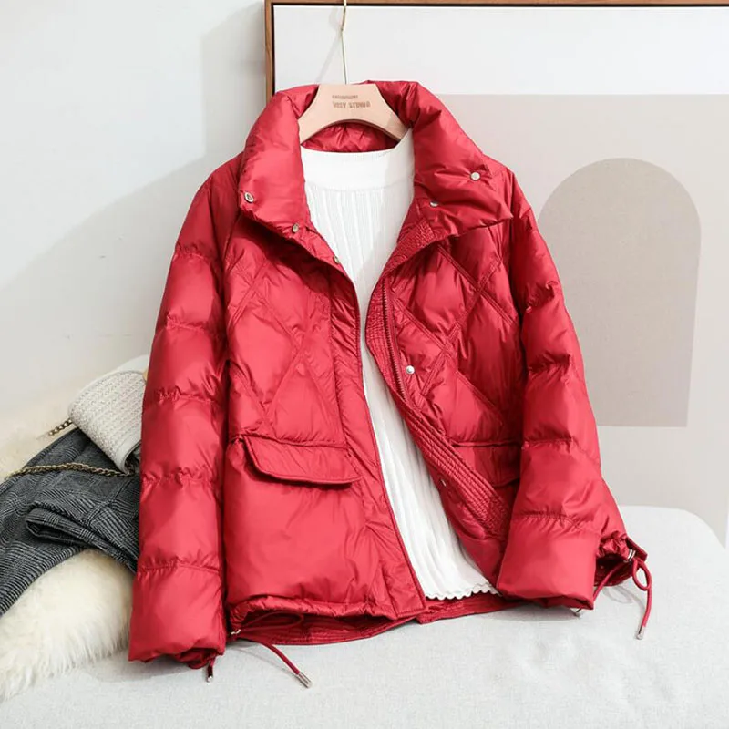 

2021 Autumn Winter Down Jacket Women Short Ultralight Thin White Duck Down Coat Warm Parkas Stand collar Long sleeve Coat