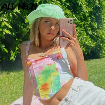 

ALLNeon Y2K Fashion Tie Dye Spaghetti Strap Colorful Crop Tops E-girl Style Square Neck Backless Cami Top 90s Streetwear Rave