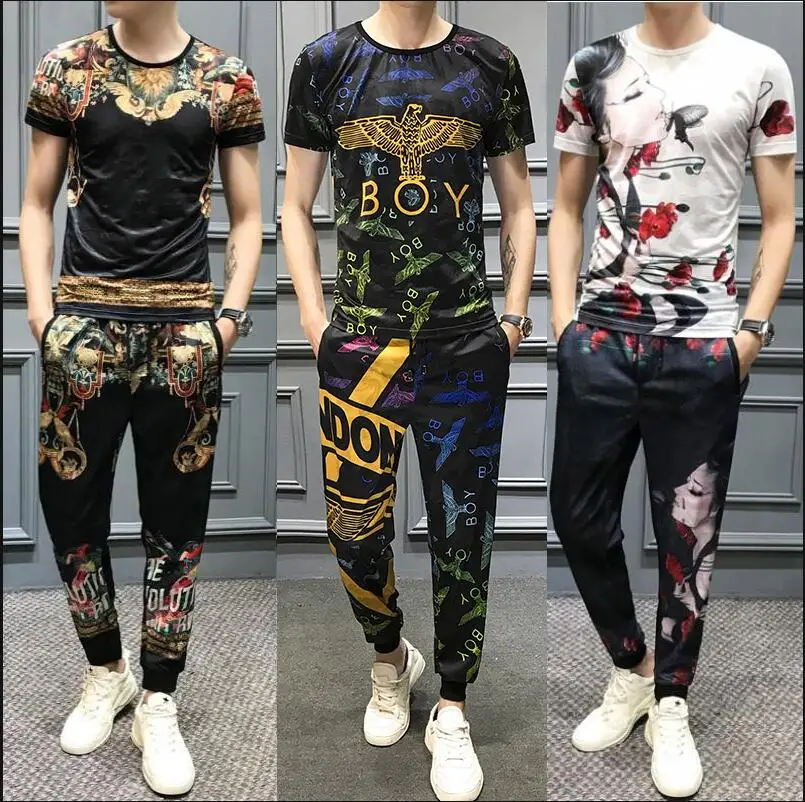 

2020 Spring 2 Piece Set Men Girl Print Outfits Men Set Short Sleeve T Shirt 2 Piece Set Top And Pants Men High Quality Tracksuit