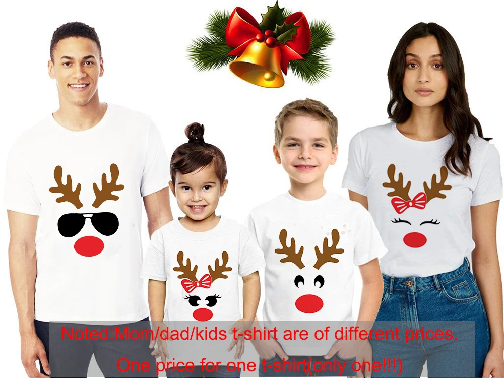 1 pieza de camiseta blanca a juego con estampado de cara de ciervo para Navidad, ropa para madre, hija, padre e hijo, camisetas estéticas Harajuku
