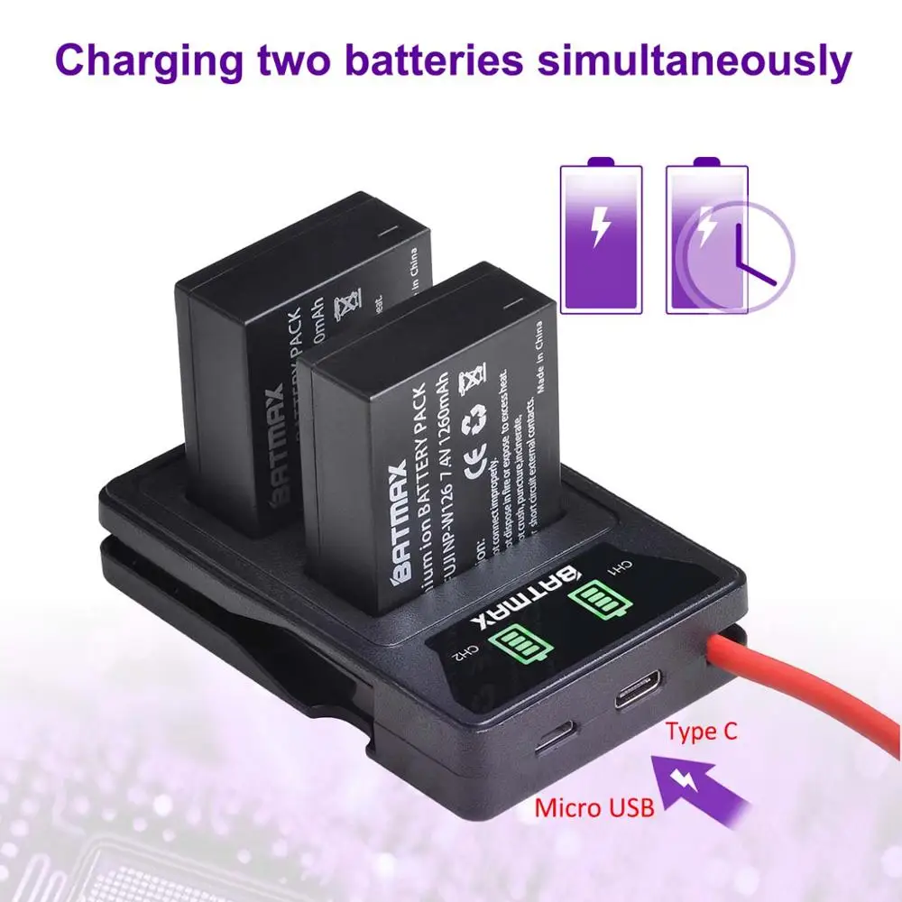 Batmax NP-W126 NP-W126S Battery+LED Dual USB Charger&Type C Port for Fujifilm HS30EXR HS33EXR X-Pro1 X-E1 X-E2 X-A1 X-A2 X-T20