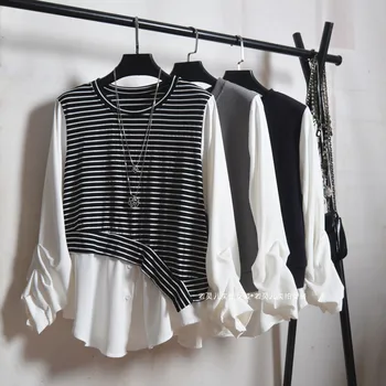 

Fashion Spring Autumn New Korean Irregular Stripe Splicing Long Sleeve T-shirt Fake Two Loose Blouses for Women Plus Size Women